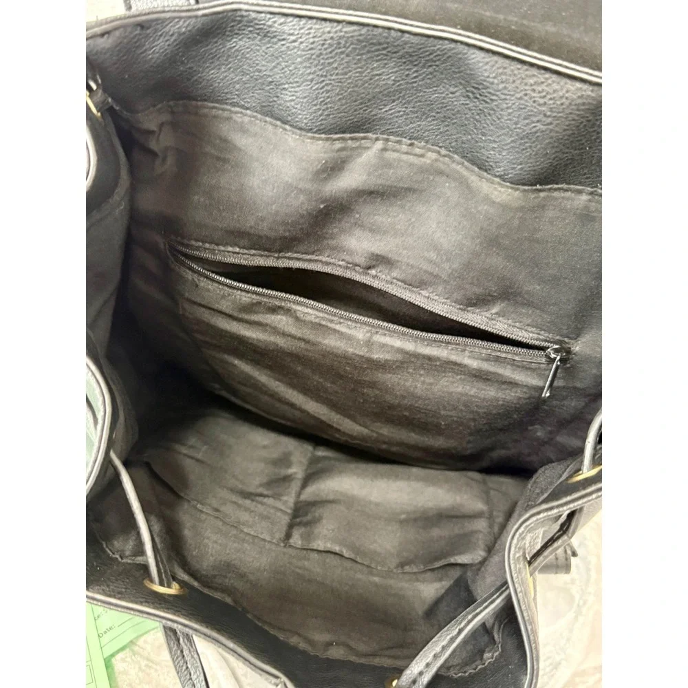 Franco Sarto Joslyn Black Vegan Leather Drawstring Backpack Gold Hardware Bag